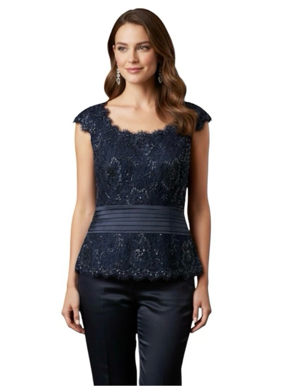 Tadashi Collection Sequin Beaded Navy Blue Top Blouse Size 8 Silk Embellishment